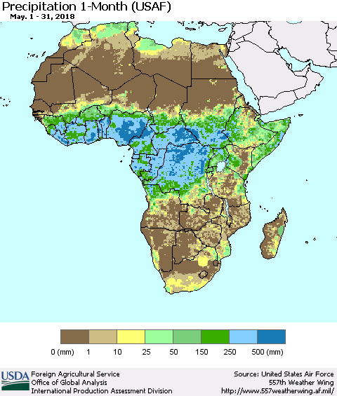 Africa Precipitation 1-Month (USAF) Thematic Map For 5/1/2018 - 5/31/2018
