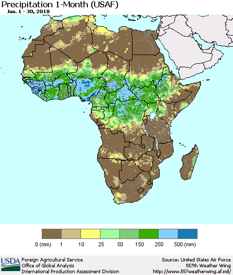 Africa Precipitation 1-Month (USAF) Thematic Map For 6/1/2018 - 6/30/2018