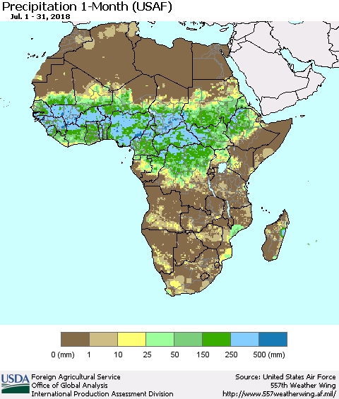 Africa Precipitation 1-Month (USAF) Thematic Map For 7/1/2018 - 7/31/2018