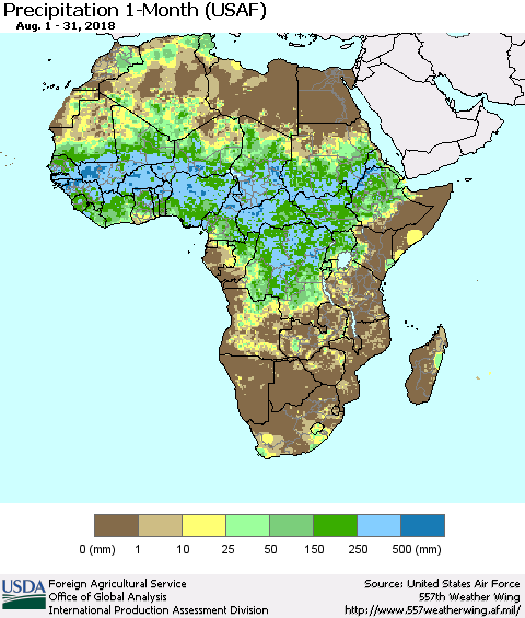 Africa Precipitation 1-Month (USAF) Thematic Map For 8/1/2018 - 8/31/2018