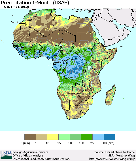 Africa Precipitation 1-Month (USAF) Thematic Map For 10/1/2018 - 10/31/2018