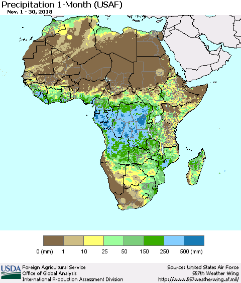 Africa Precipitation 1-Month (USAF) Thematic Map For 11/1/2018 - 11/30/2018