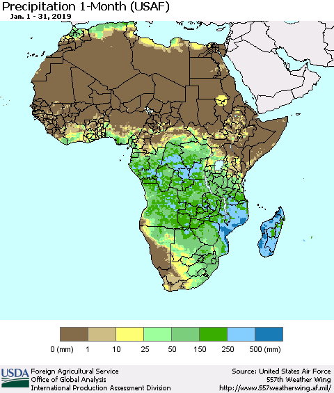 Africa Precipitation 1-Month (USAF) Thematic Map For 1/1/2019 - 1/31/2019