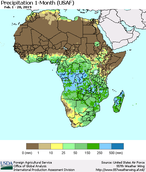 Africa Precipitation 1-Month (USAF) Thematic Map For 2/1/2019 - 2/28/2019