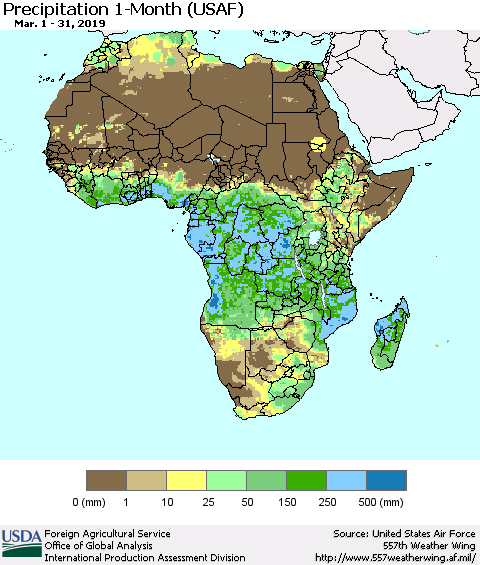 Africa Precipitation 1-Month (USAF) Thematic Map For 3/1/2019 - 3/31/2019