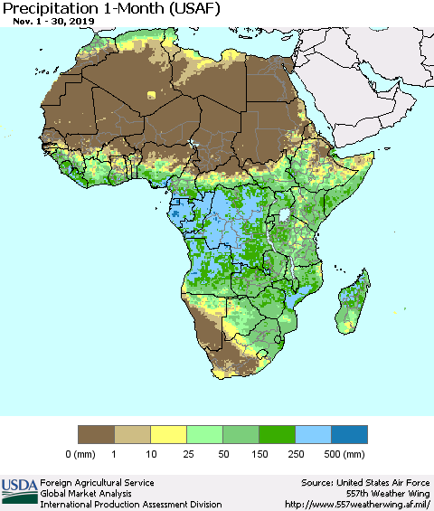 Africa Precipitation 1-Month (USAF) Thematic Map For 11/1/2019 - 11/30/2019
