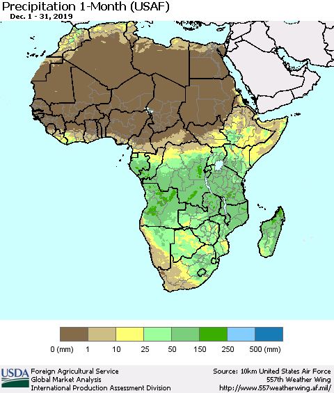 Africa Precipitation 1-Month (USAF) Thematic Map For 12/1/2019 - 12/31/2019