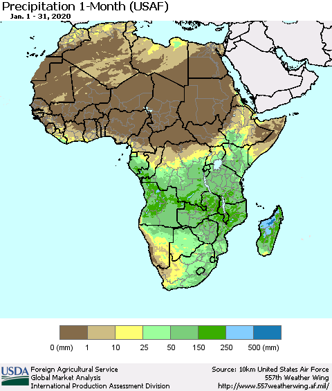 Africa Precipitation 1-Month (USAF) Thematic Map For 1/1/2020 - 1/31/2020