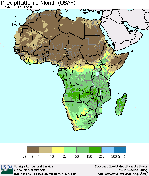 Africa Precipitation 1-Month (USAF) Thematic Map For 2/1/2020 - 2/29/2020