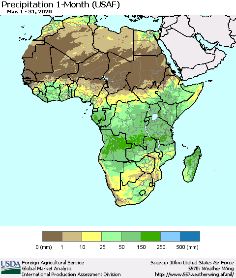 Africa Precipitation 1-Month (USAF) Thematic Map For 3/1/2020 - 3/31/2020