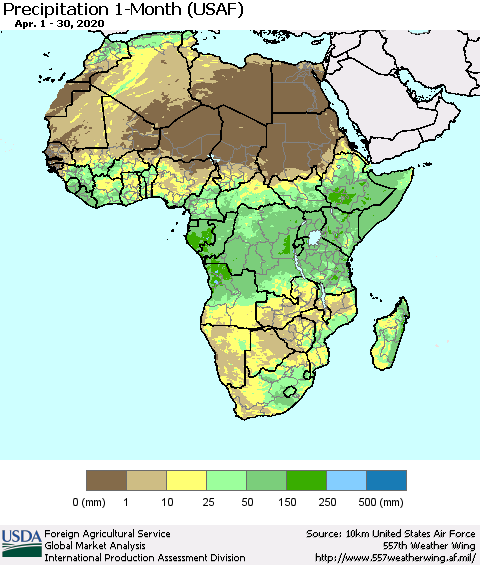 Africa Precipitation 1-Month (USAF) Thematic Map For 4/1/2020 - 4/30/2020