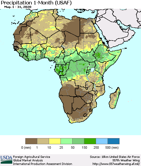 Africa Precipitation 1-Month (USAF) Thematic Map For 5/1/2020 - 5/31/2020