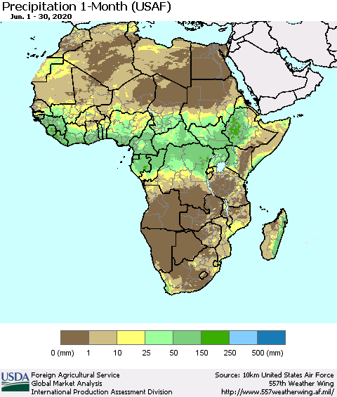 Africa Precipitation 1-Month (USAF) Thematic Map For 6/1/2020 - 6/30/2020