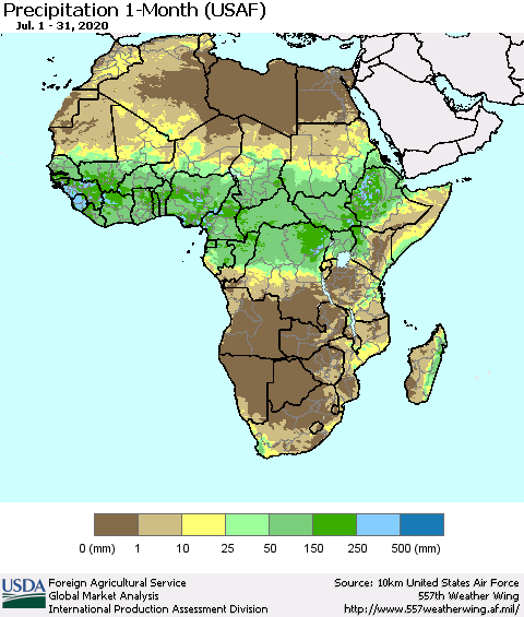 Africa Precipitation 1-Month (USAF) Thematic Map For 7/1/2020 - 7/31/2020