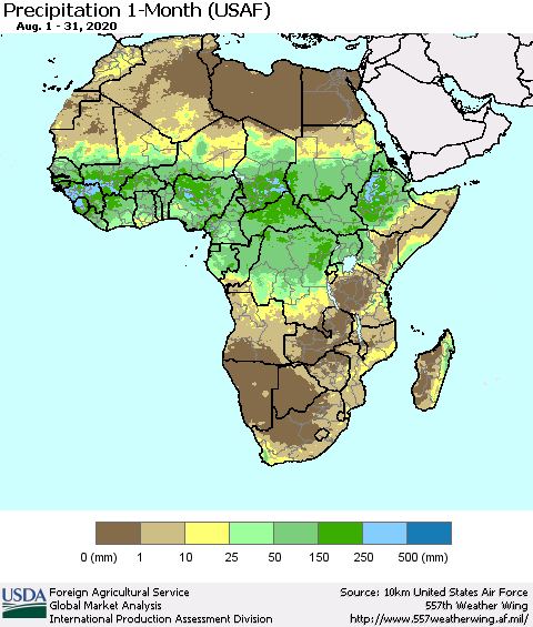Africa Precipitation 1-Month (USAF) Thematic Map For 8/1/2020 - 8/31/2020