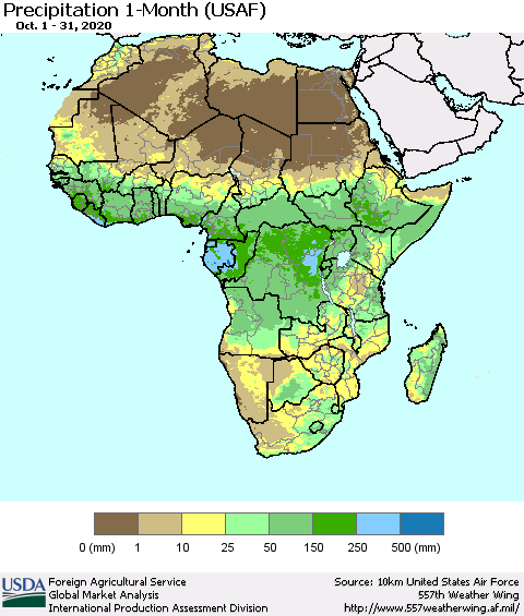 Africa Precipitation 1-Month (USAF) Thematic Map For 10/1/2020 - 10/31/2020
