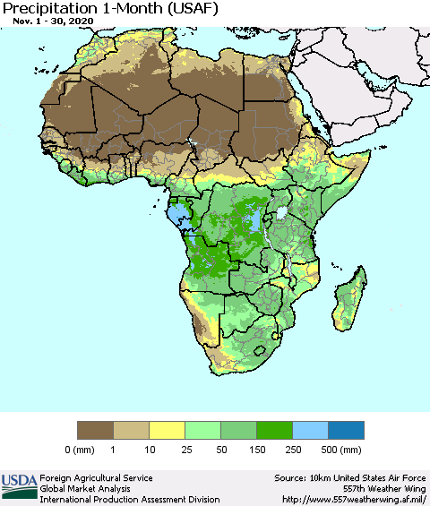 Africa Precipitation 1-Month (USAF) Thematic Map For 11/1/2020 - 11/30/2020