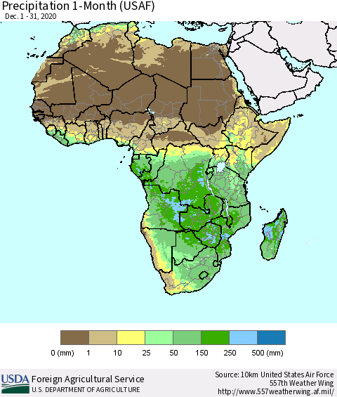 Africa Precipitation 1-Month (USAF) Thematic Map For 12/1/2020 - 12/31/2020