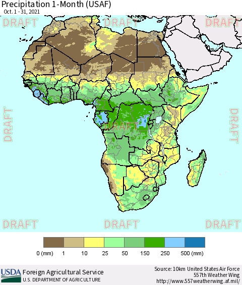 Africa Precipitation 1-Month (USAF) Thematic Map For 10/1/2021 - 10/31/2021