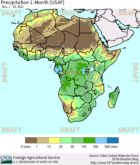 Africa Precipitation 1-Month (USAF) Thematic Map For 11/1/2021 - 11/30/2021