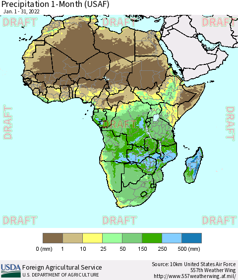 Africa Precipitation 1-Month (USAF) Thematic Map For 1/1/2022 - 1/31/2022