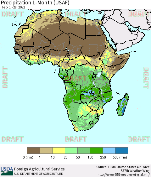 Africa Precipitation 1-Month (USAF) Thematic Map For 2/1/2022 - 2/28/2022