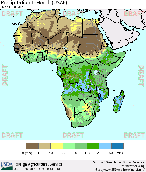 Africa Precipitation 1-Month (USAF) Thematic Map For 3/1/2023 - 3/31/2023