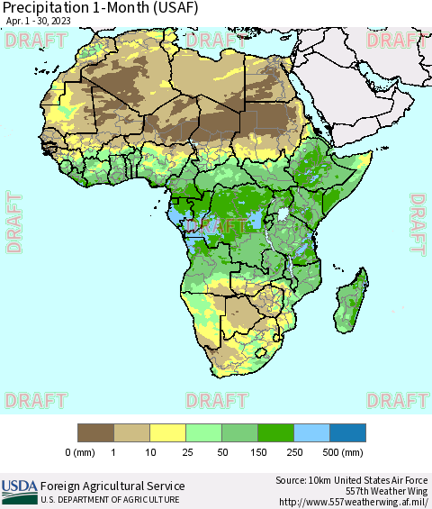 Africa Precipitation 1-Month (USAF) Thematic Map For 4/1/2023 - 4/30/2023