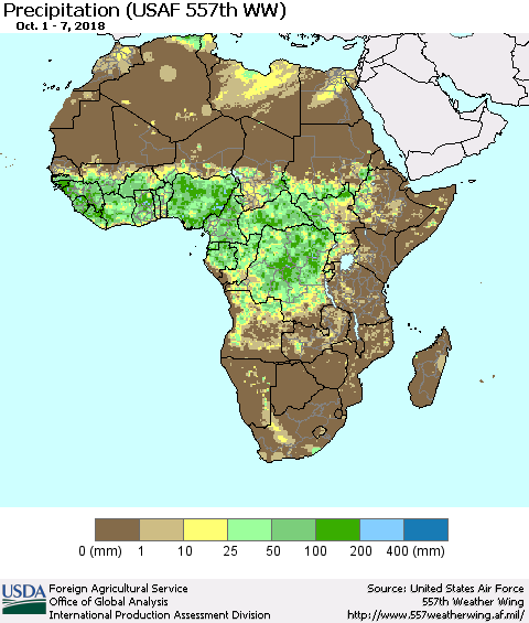 Africa Precipitation (USAF 557th WW) Thematic Map For 10/1/2018 - 10/7/2018