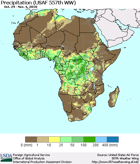 Africa Precipitation (USAF 557th WW) Thematic Map For 10/29/2018 - 11/4/2018