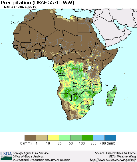 Africa Precipitation (USAF 557th WW) Thematic Map For 12/31/2018 - 1/6/2019