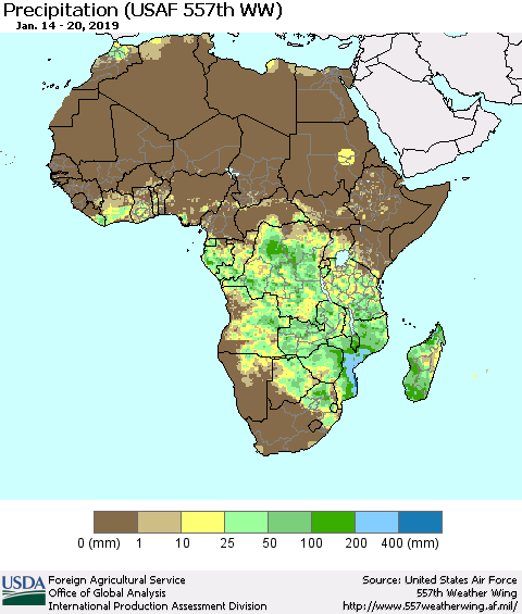 Africa Precipitation (USAF 557th WW) Thematic Map For 1/14/2019 - 1/20/2019