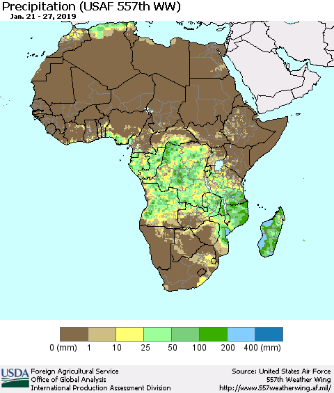 Africa Precipitation (USAF 557th WW) Thematic Map For 1/21/2019 - 1/27/2019