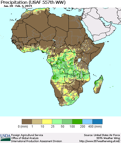 Africa Precipitation (USAF 557th WW) Thematic Map For 1/28/2019 - 2/3/2019