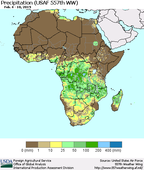 Africa Precipitation (USAF 557th WW) Thematic Map For 2/4/2019 - 2/10/2019