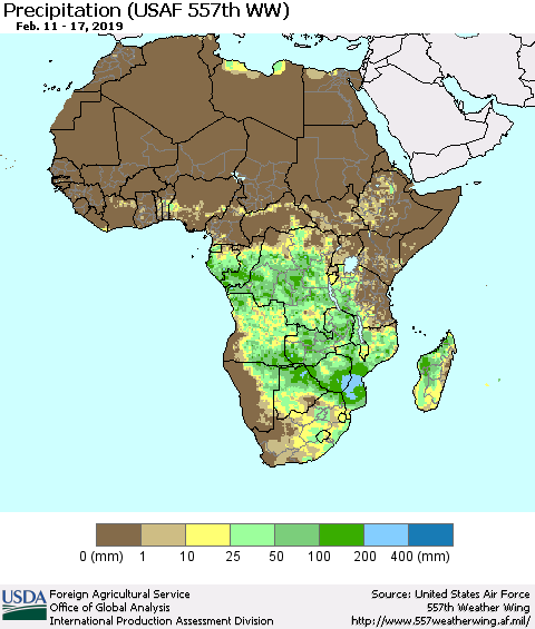 Africa Precipitation (USAF 557th WW) Thematic Map For 2/11/2019 - 2/17/2019