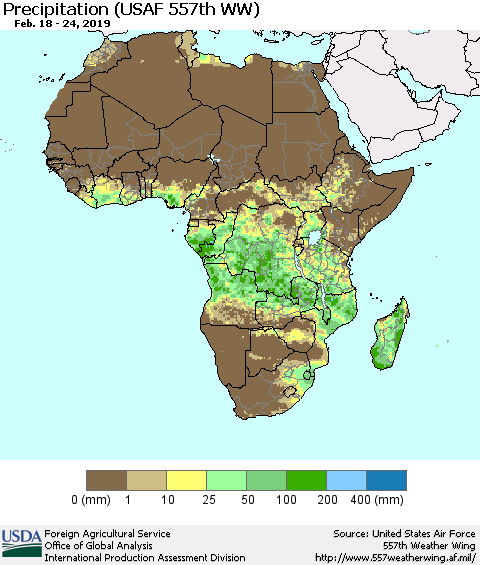 Africa Precipitation (USAF 557th WW) Thematic Map For 2/18/2019 - 2/24/2019