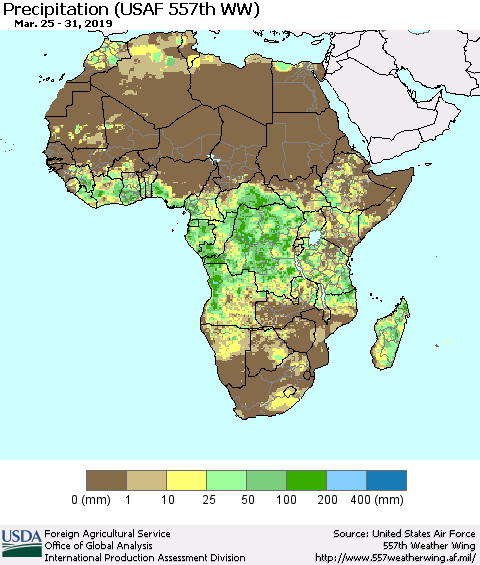 Africa Precipitation (USAF 557th WW) Thematic Map For 3/25/2019 - 3/31/2019