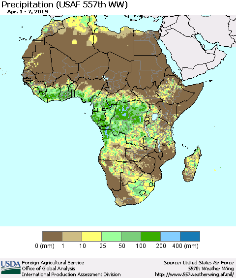 Africa Precipitation (USAF 557th WW) Thematic Map For 4/1/2019 - 4/7/2019