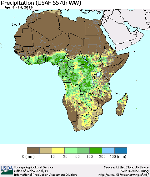 Africa Precipitation (USAF 557th WW) Thematic Map For 4/8/2019 - 4/14/2019