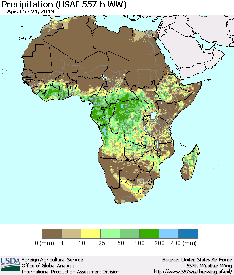 Africa Precipitation (USAF 557th WW) Thematic Map For 4/15/2019 - 4/21/2019