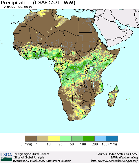 Africa Precipitation (USAF 557th WW) Thematic Map For 4/22/2019 - 4/28/2019