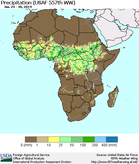 Africa Precipitation (USAF 557th WW) Thematic Map For 6/24/2019 - 6/30/2019