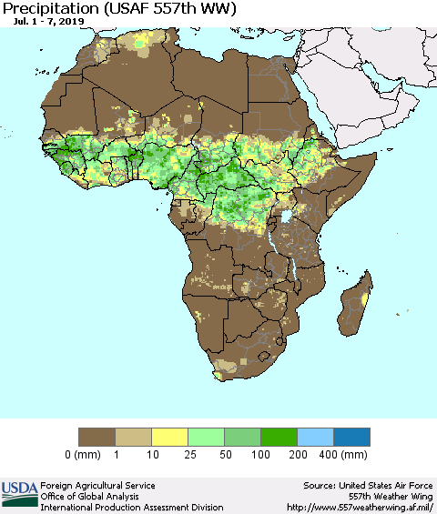Africa Precipitation (USAF 557th WW) Thematic Map For 7/1/2019 - 7/7/2019