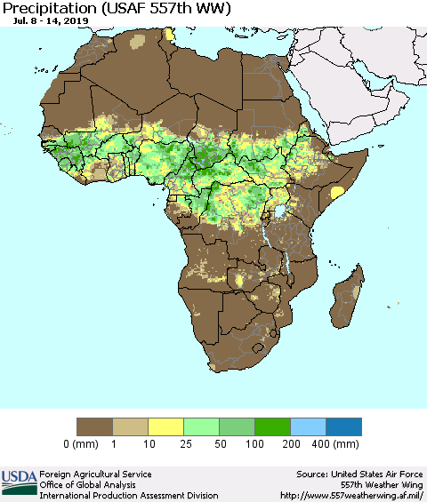 Africa Precipitation (USAF 557th WW) Thematic Map For 7/8/2019 - 7/14/2019