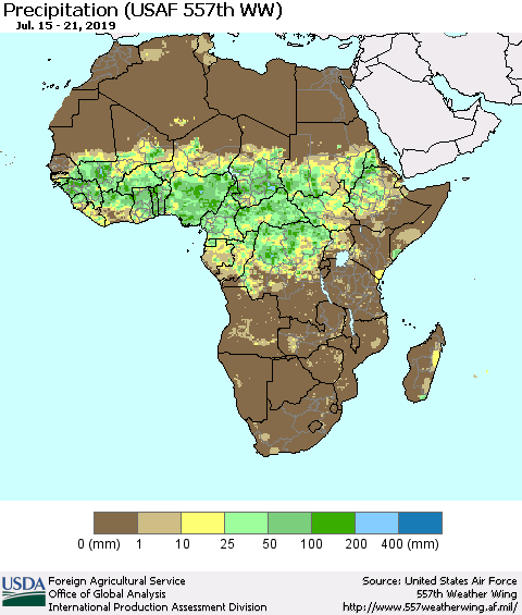 Africa Precipitation (USAF 557th WW) Thematic Map For 7/15/2019 - 7/21/2019