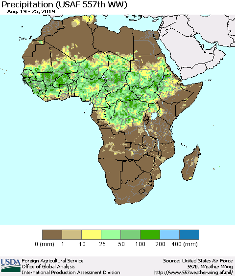 Africa Precipitation (USAF 557th WW) Thematic Map For 8/19/2019 - 8/25/2019