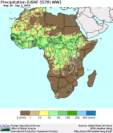 Africa Precipitation (USAF 557th WW) Thematic Map For 8/26/2019 - 9/1/2019