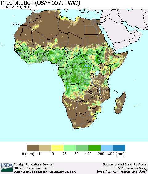 Africa Precipitation (USAF 557th WW) Thematic Map For 10/7/2019 - 10/13/2019