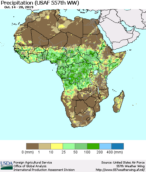 Africa Precipitation (USAF 557th WW) Thematic Map For 10/14/2019 - 10/20/2019